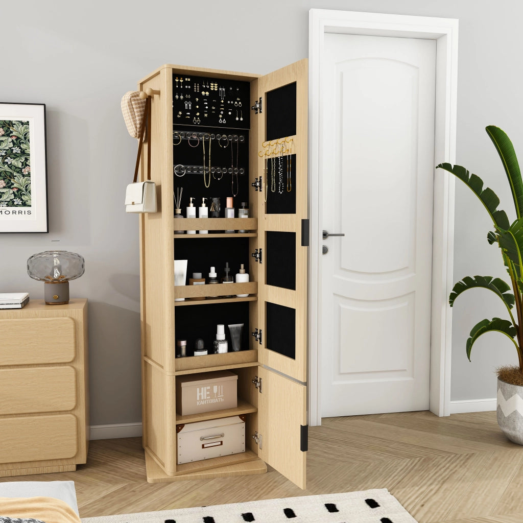 Mobile con specchio girevole con 6 ganci e 4 vani; porta gioielli e libreria per camera da letto; 50×50×170 cm