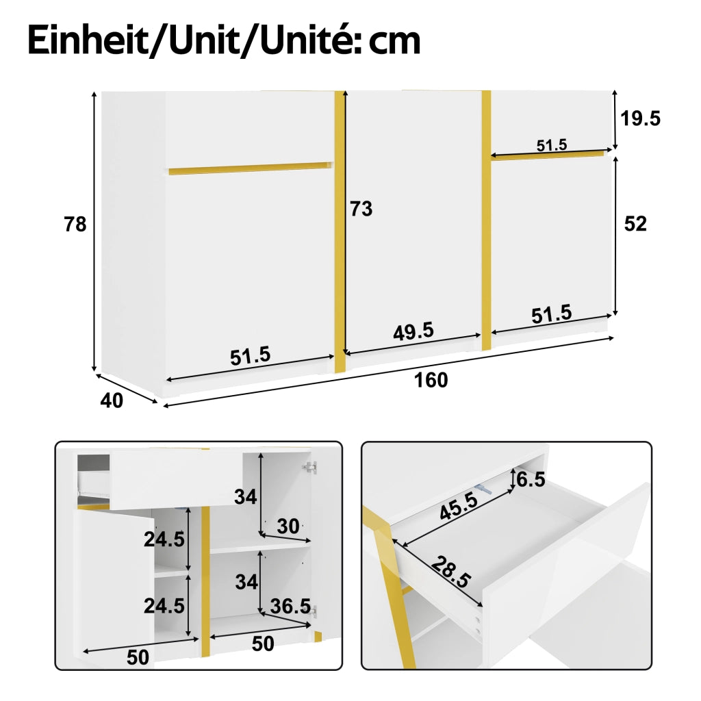 Credenza con 3 ante e 2 cassetti; ripiani regolabili - per soggiorno - 160×40×78 cm - bianco