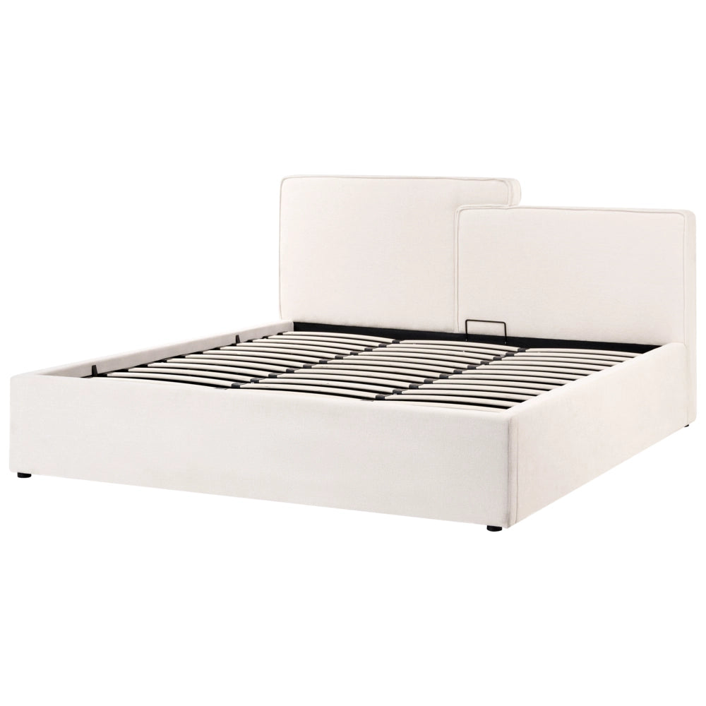 Letto contenitore imbottito in tessuto bianco sporco 180 x 200 cm testiera asimmetrica a gradini in stile scandinavo