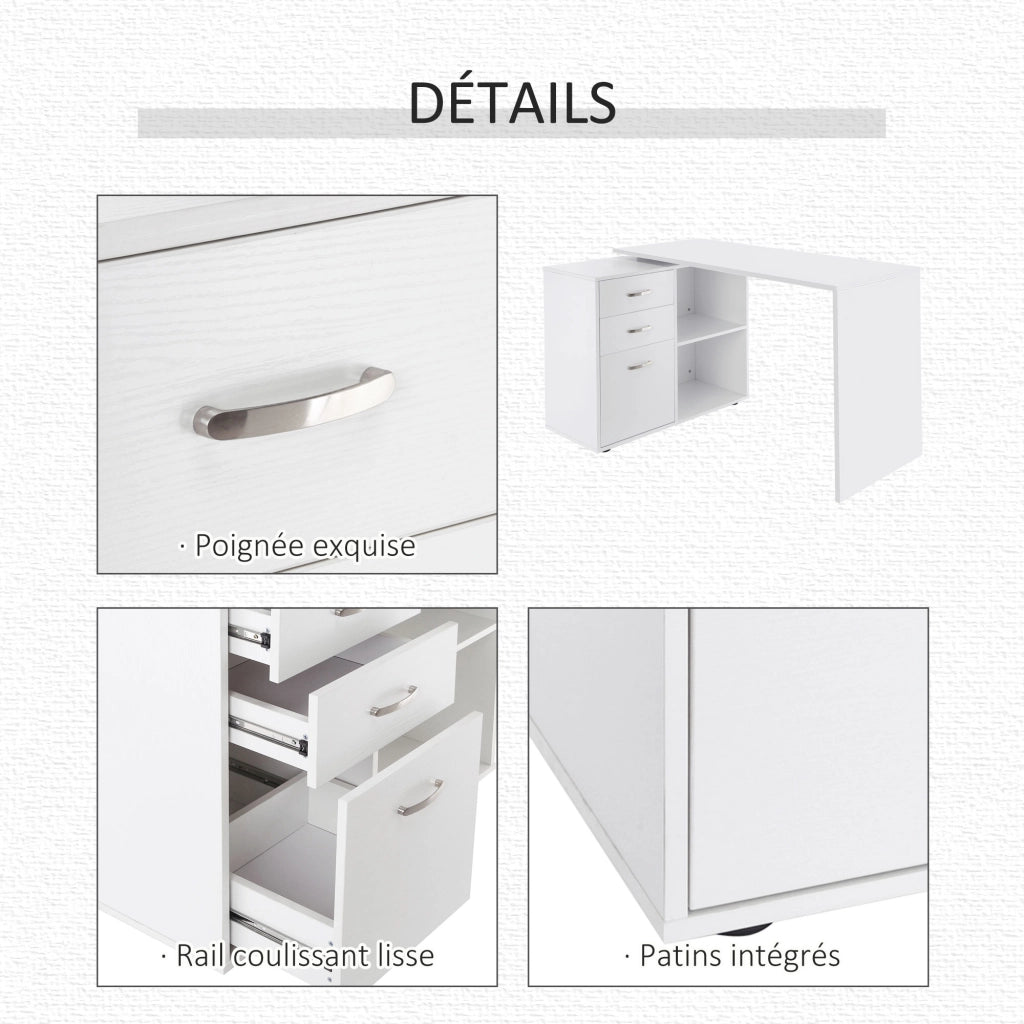 Scrivania angolare e dritta modulabile per computer, in MDF bianco con 3 cassetti e 2 vani, salvaspazio per casa e ufficio