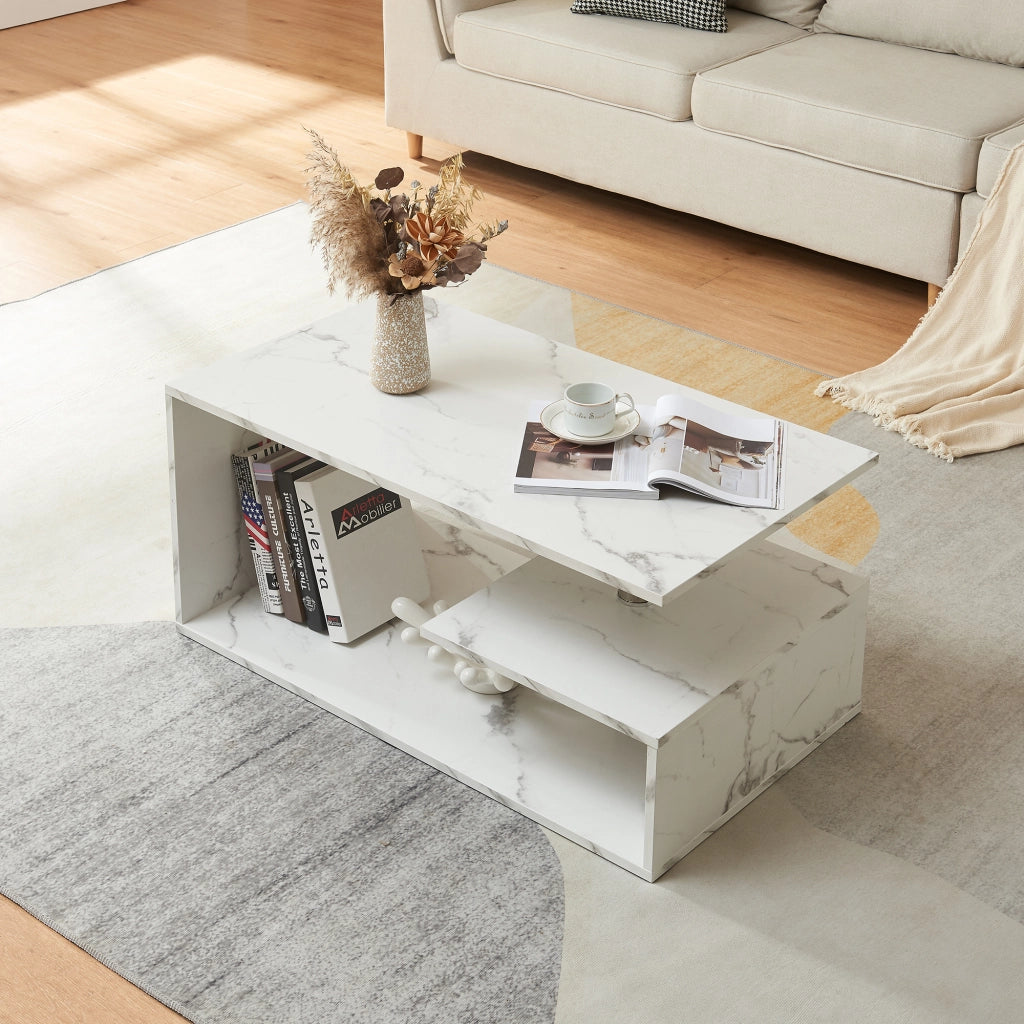 Tavolino da Salotto Haarlem con 3 Piani 90 x 50 x 41 cm - Effetto Marmo Bianco [en.casa]