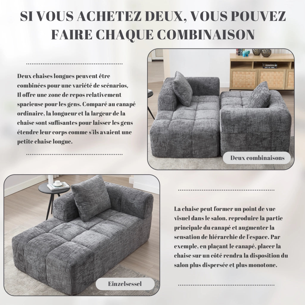 Divano Chaise Longue con Tasche Laterali e Cuscino; Seduta Morbida a Rimbalzo Rapido; in Ciniglia; Grigio; 158 × 90 × 60 cm