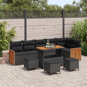 Set Divano Giardino 10 Pezzi con Cuscini Polyrattan Nero Acacia
