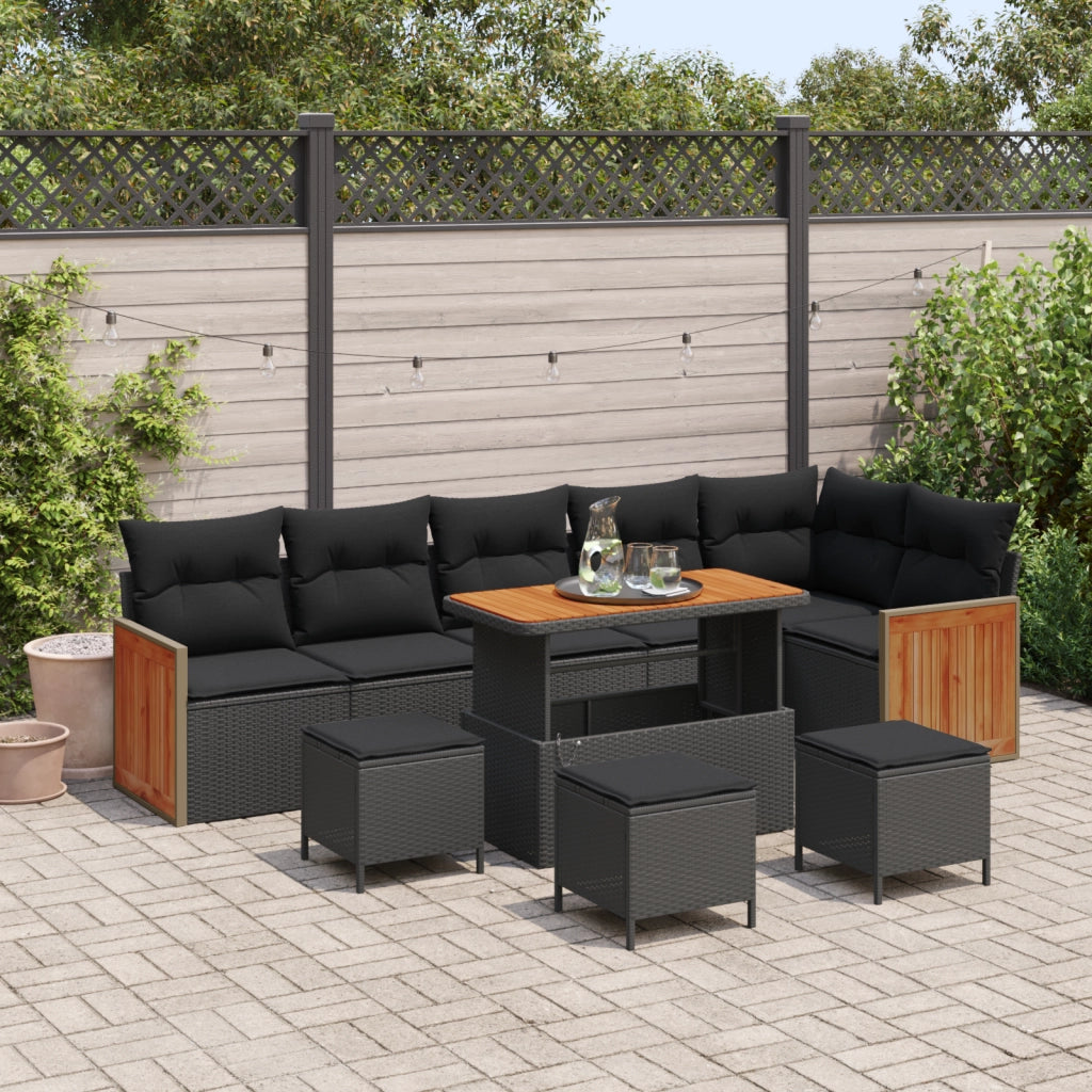 Set Divano Giardino 10 Pezzi con Cuscini Polyrattan Nero Acacia