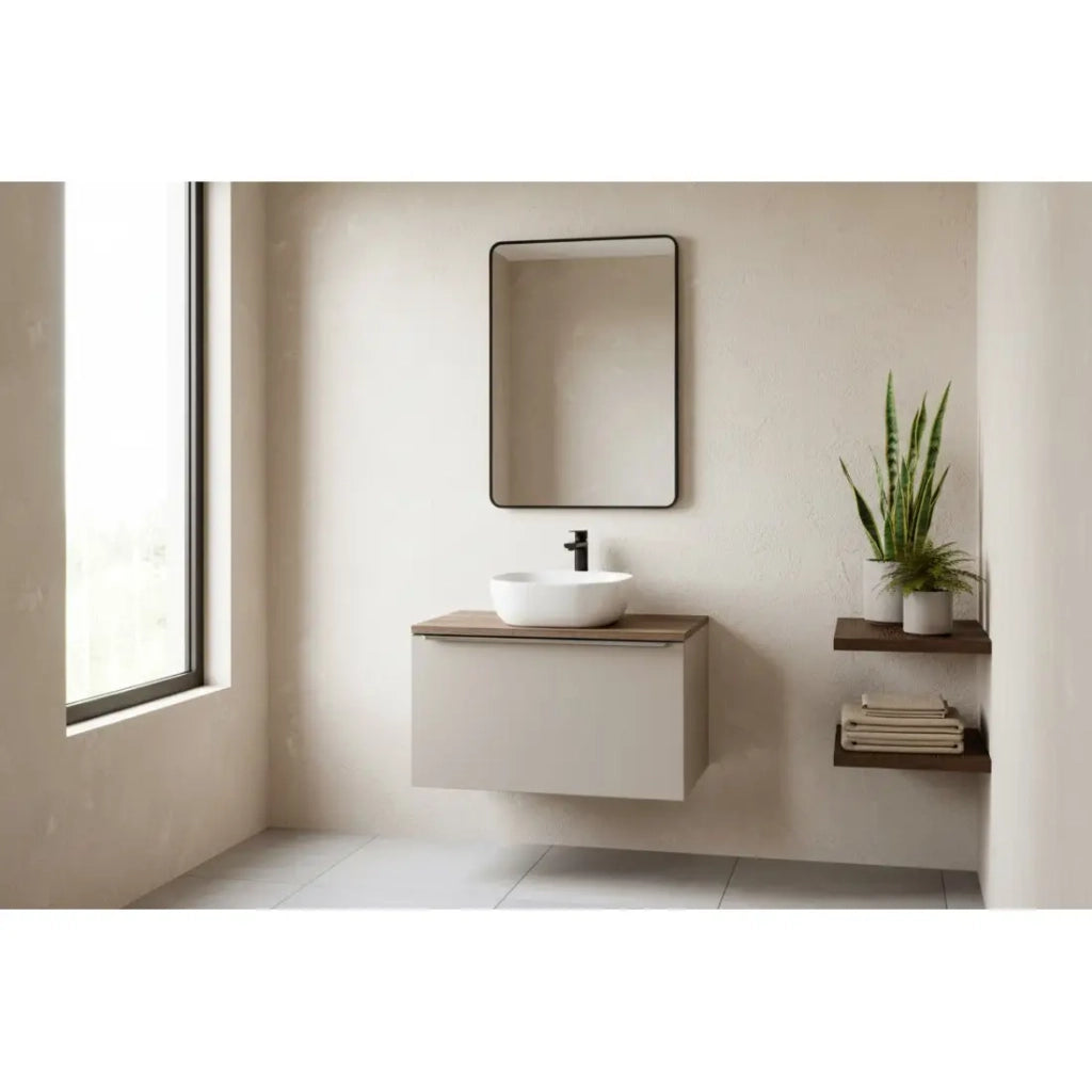 Set da bagno VANTA taupe: mobiletto sottolavabo 80cm + piano lavabo + lavabo bianco da appoggio