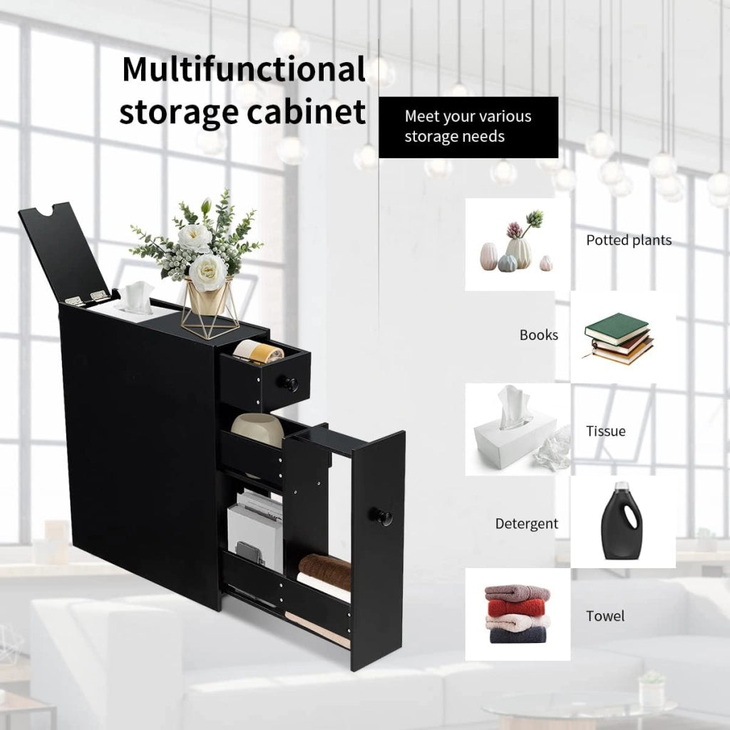 Mobiletto Bagno Sottile, Armadietto per Gabinetto da Terra, Legno, con Cassetti Scorrevoli, Multiuso e Salvaspazio, 16 x 48 x 58 cm (nero)