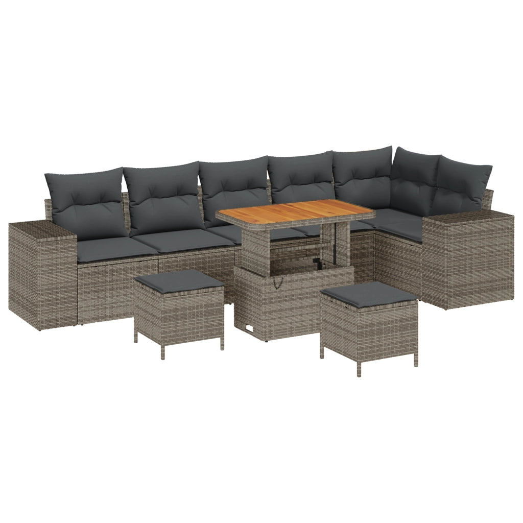 Set Divano da Giardino 9 Pezzi con Cuscini Grigio Polirattan Acacia