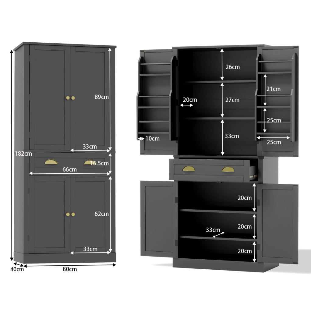 Credenza 80x40x182 cm con 4 ante; 1 cassetto e ripiani regolabili in MDF nero