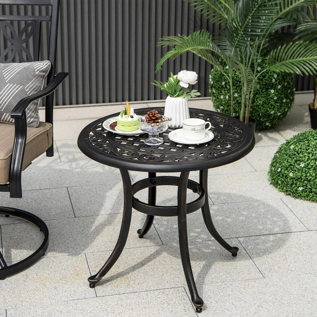 Tavolo da Giardino Rotondo in Alluminio Pressofuso, Resistente alle Intemperie, con Piedini Regolabili, 60x60x53 cm, Colore Bronzo