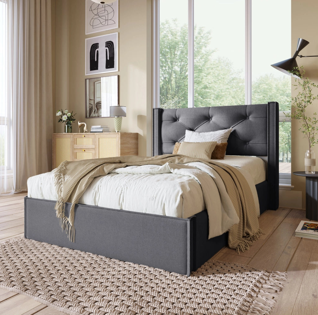 Letto imbottito 90x200 cm; con contenitore e rete sollevabile; cotone; grigio (Senza materasso)