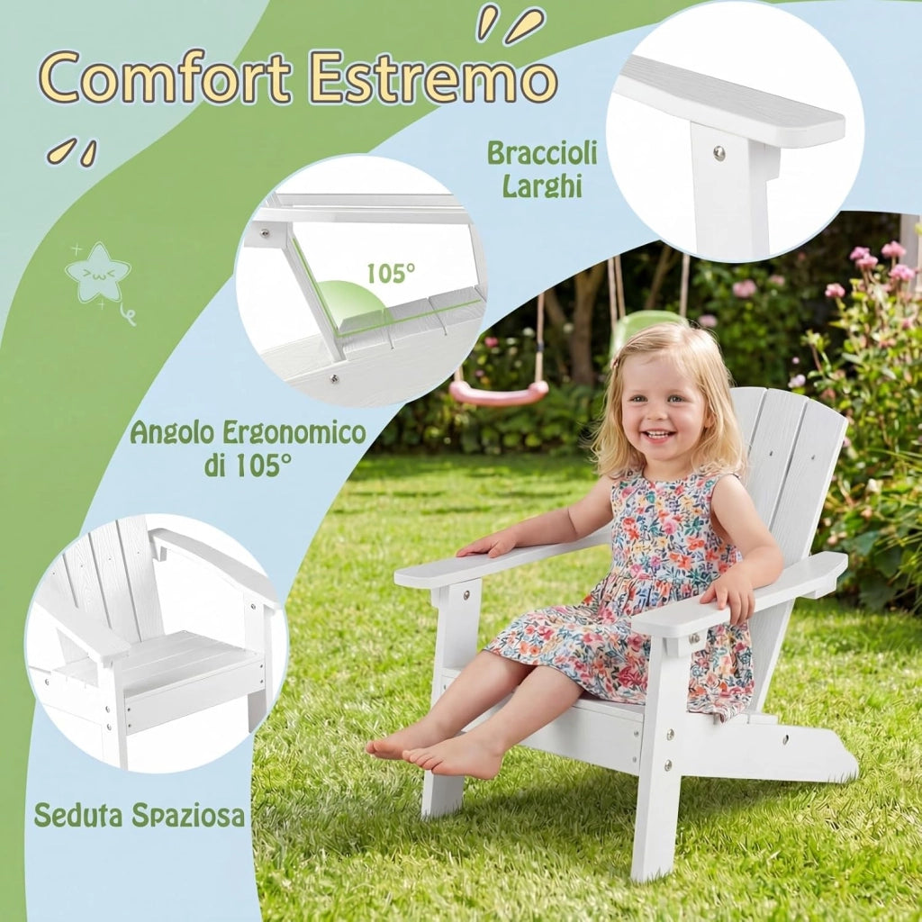 Sedia Adirondack per Bambini, Poltrona da Giardino in Plastica Resistente alle Intemperie con Schienale a Doghe Inclinato, Sedia Adirondack per Patio e Balcone, Portata 75 kg (Bianco)