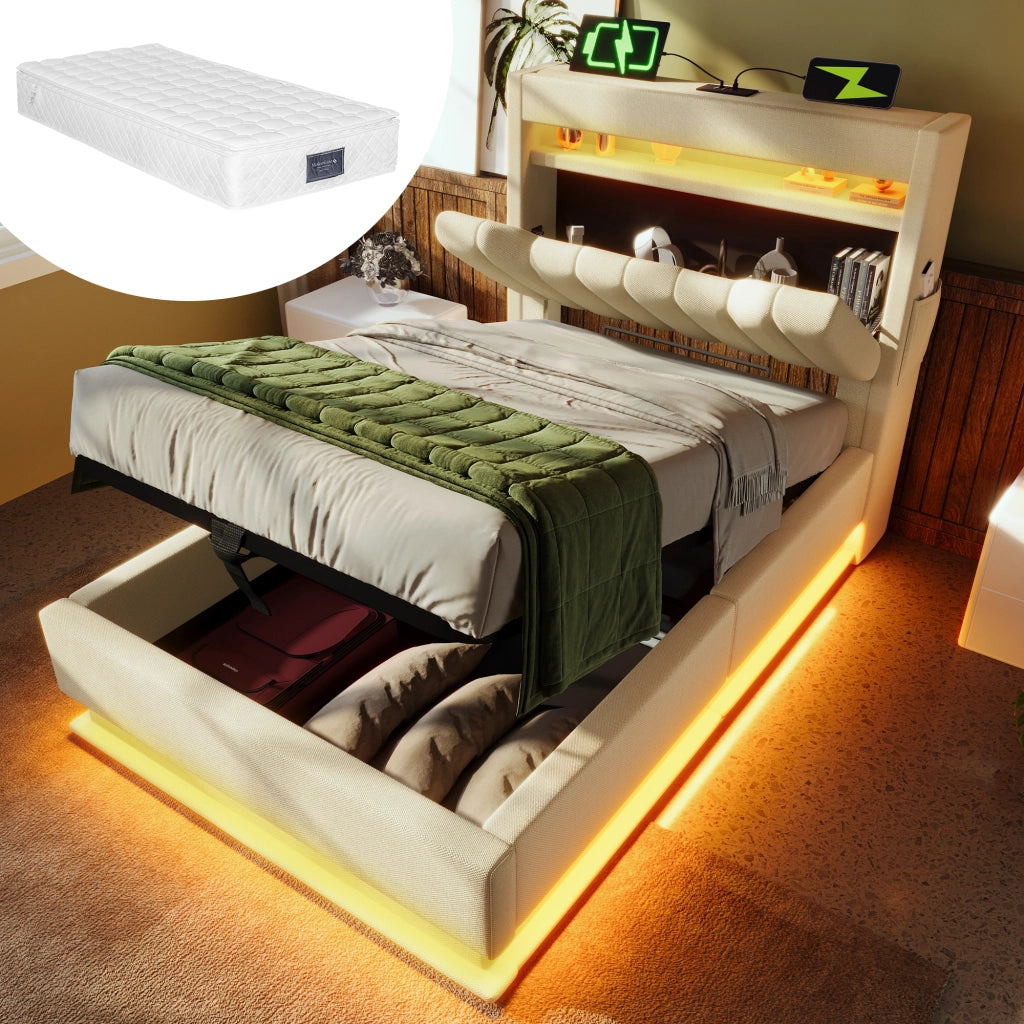 LETTO 90x200 cm Beige in Lino con LED e USB, con materasso incluso