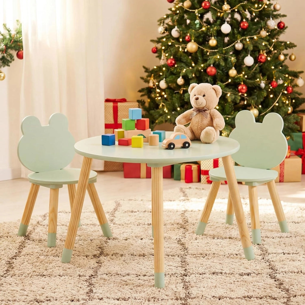 Set Tavolo e Sedie per Bambini, Tavolino e 2 Sedie a Forma di Rana con Gambe in Legno e Angoli Arrotondati, Set Mobili Salvaspazio per Bambini 3+ Anni per Cameretta Ragazzi (Verde)