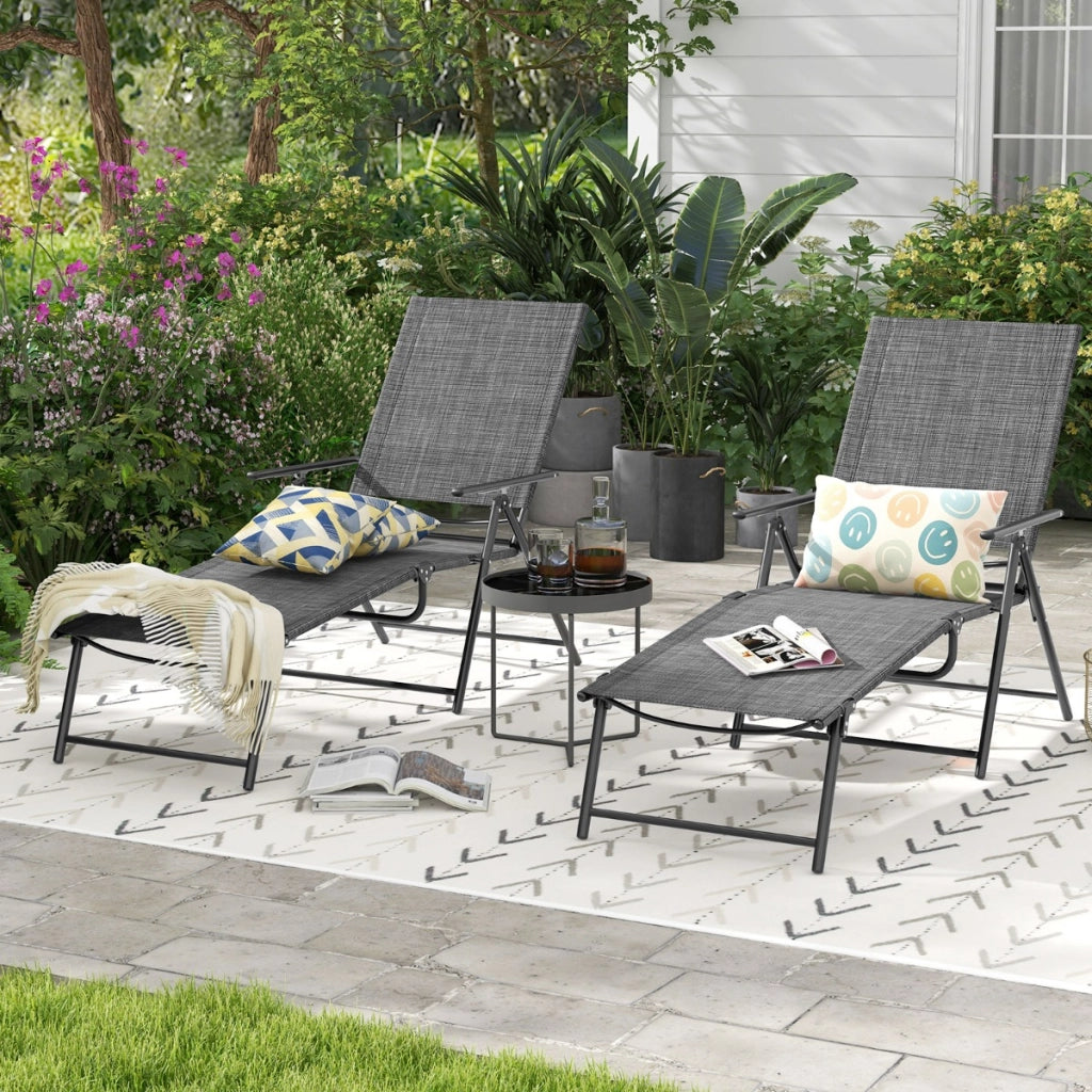 Sedie a sdraio pieghevoli per giardino, Set di 2 sedie reclinabili da esterno con schienale a 6 livelli Grigio-Poltrone e sdraio