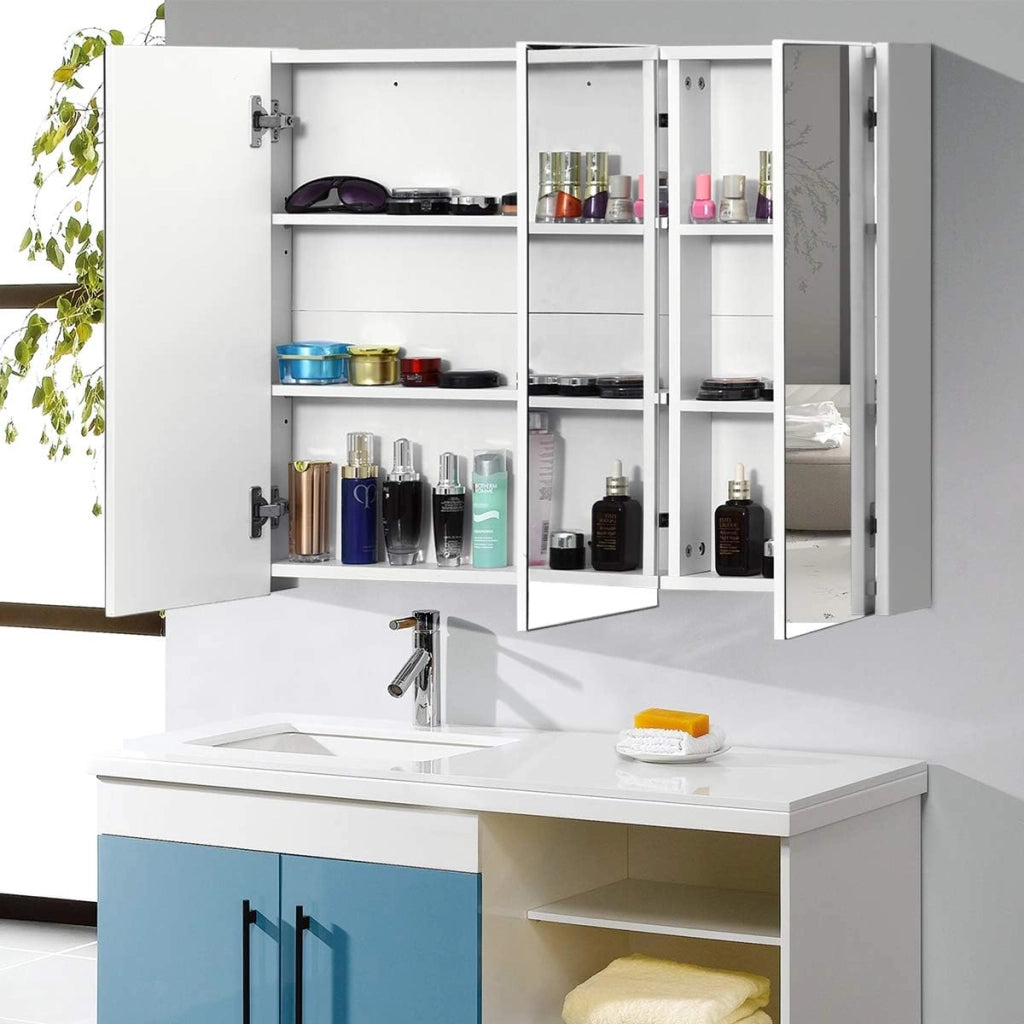 Mobile a Specchio per Bagno Armadietto Arredo con Specchio a Parete con 3 Ante e 2 Ripiani Regolabili in Altezza, Bianco, 90 x 11 x 65 cm