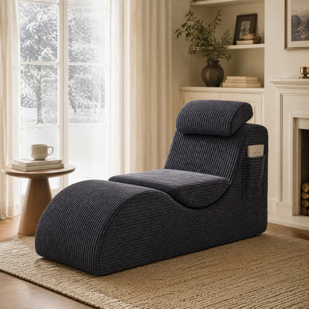 Poltrona Relax con Tasca Laterale e Cuscini Rimovibili in Velluto a Coste Grigio Scuro 160 × 66 × 90 cm