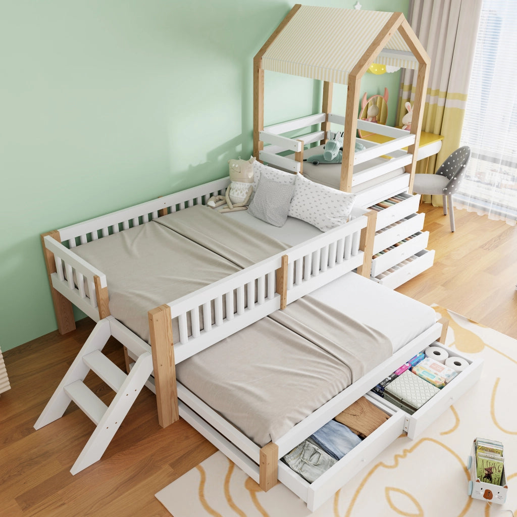 Letto per bambini 90×200 cm e 90×190 cm con letto estraibile; cassetti e scala laterale; senza materasso; bianco e naturale