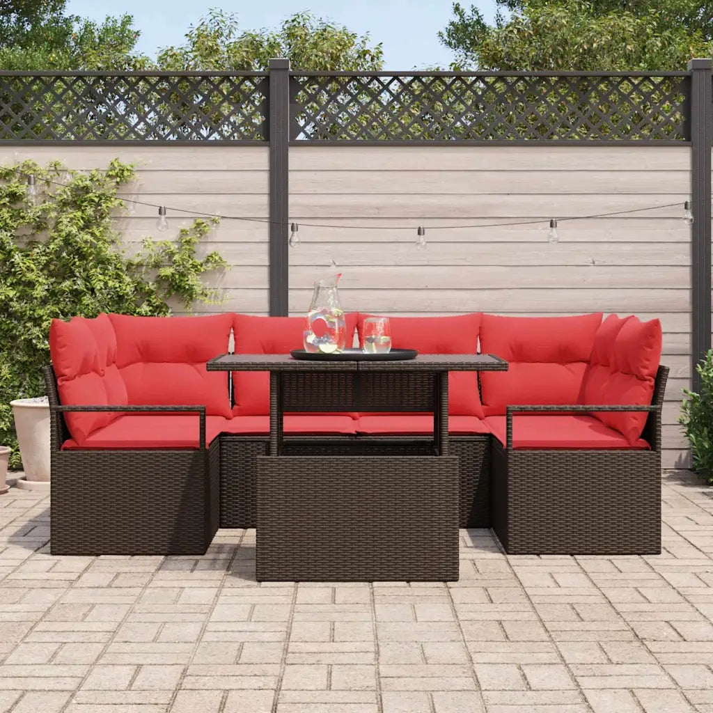 Set Divano da Giardino 7 pcs Marrone e rosso polyrattan