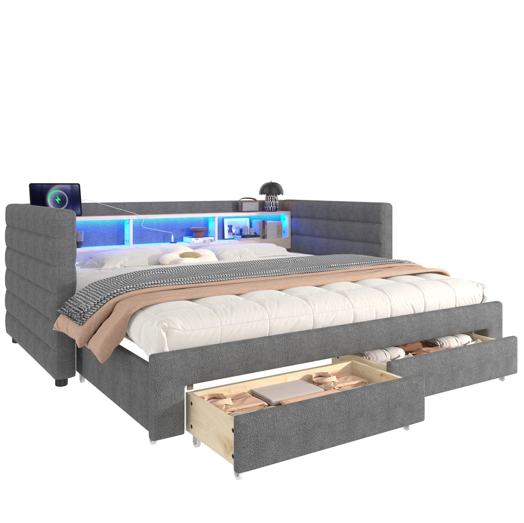 Divano letto 90x190 cm estraibile con LED; USB e Tipo-C in velluto e MDF grigio