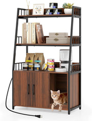 Mobile Lettiera per Gatti 80 x 40 x 132 cm, Credenza Soggiorno con Ripiani di Stoccaggio, Tiragraffi per Gatti, 2 Prese AC e Cuccia, Armadio Salvaspazio per Cuccia e Ingresso (Nocce)