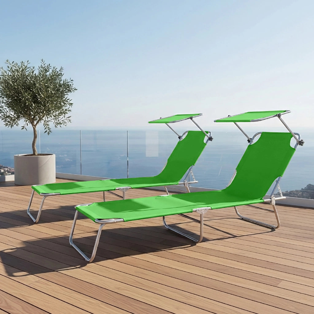 Coppia Lettini Prendisole Pieghevoli con Parasole Regolabile, Schienale Reclinabile in 4 Posizioni, Struttura in Acciaio Anti-Ruggine, Tessuto Impermeabile Anti-UV, Portata 110 kg Verde