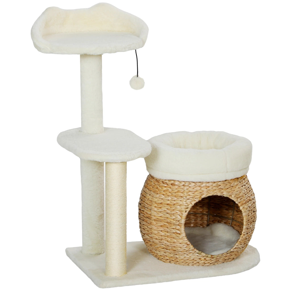 Albero tiragraffi per gatti 79 cm con 2 lettini, cuccia, piattaforma e palla gioco, crema bianco