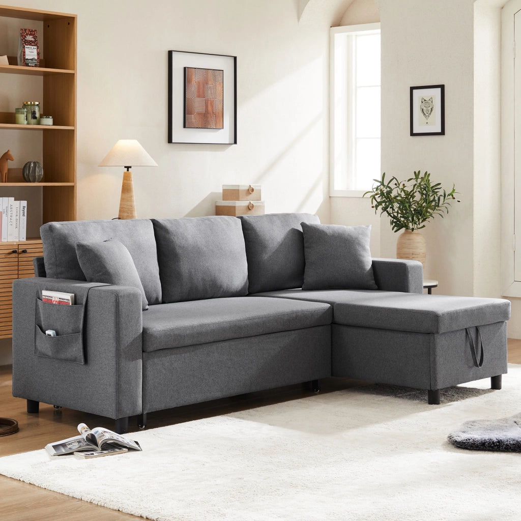 Divano letto angolare convertibile con contenitore e tasche laterali in lino grigio