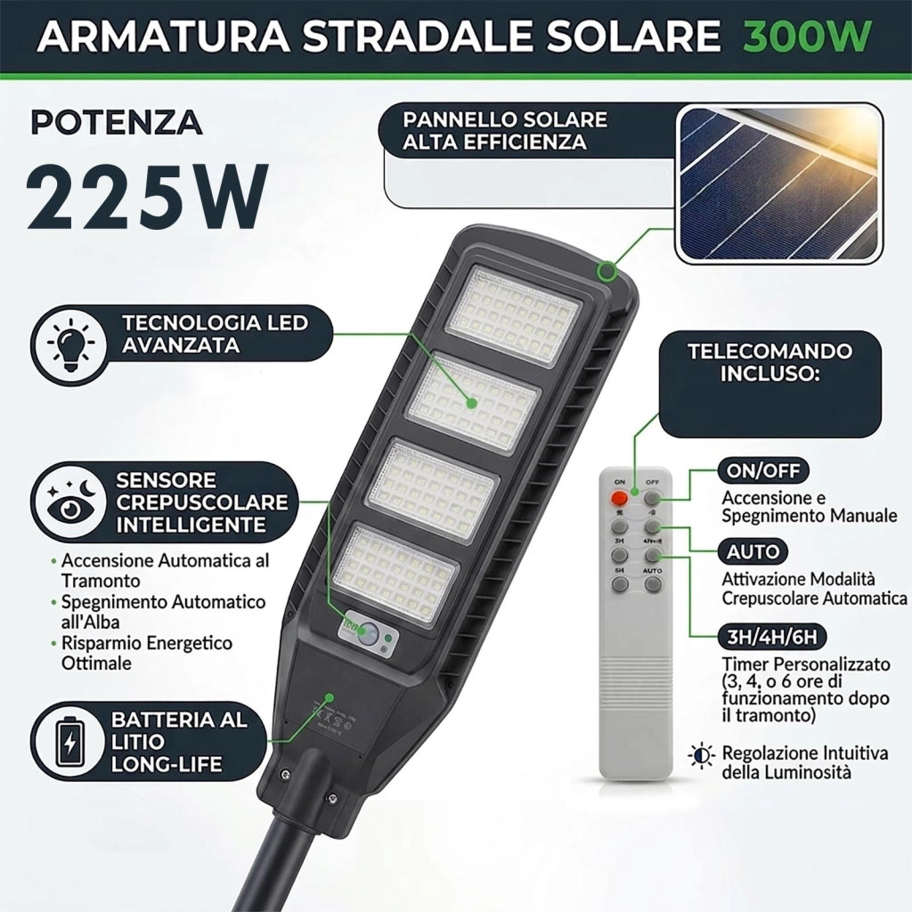 Armatura Stradale con Pannello Solare Integrato LED 225W IP65 con Sensore Crepuscolare Luce Sicurezza Giardino Cancello