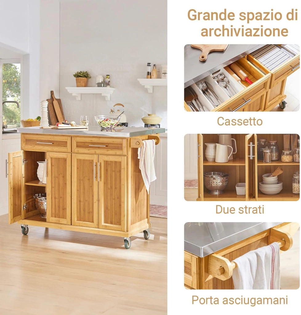 Carrello Cucina con Ruote Isola Cucina con Piano di Lavoro Estensibile, 2 Cassetti e Ripiani Regolabili Mobile Salvaspazio per Mobili da Cucina Naturale 115 x (46-71) x 92 cm FKW69-N
