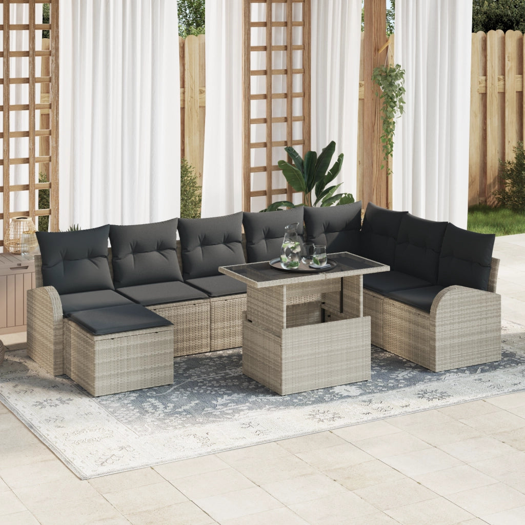 Set Divano da Giardino 9 Pezzi con Cuscini Grigio Chiaro