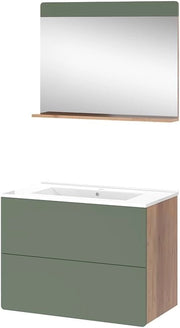 Set di mobili da bagno Izan, Goldkraft rovere/verde, 3 parti con specchio