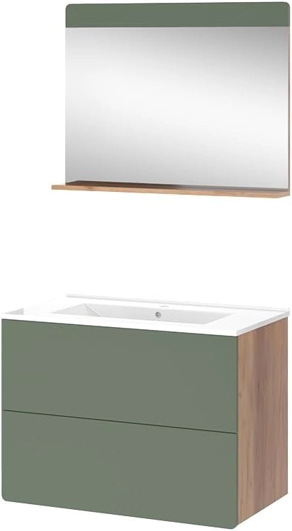 Set di mobili da bagno Izan, Goldkraft rovere/verde, 3 parti con specchio