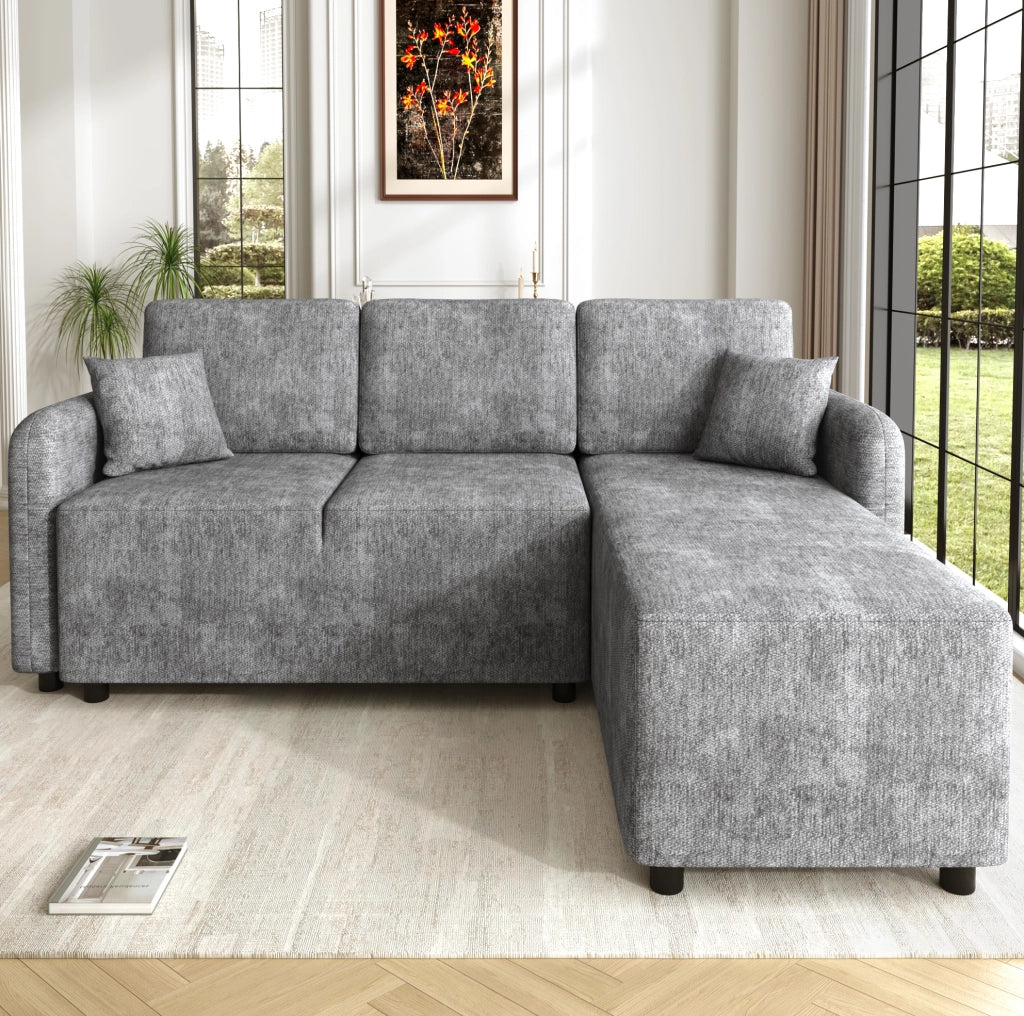 Divano angolare L 3 posti in chenille grigio con 2 cuscini; struttura in legno; compatto