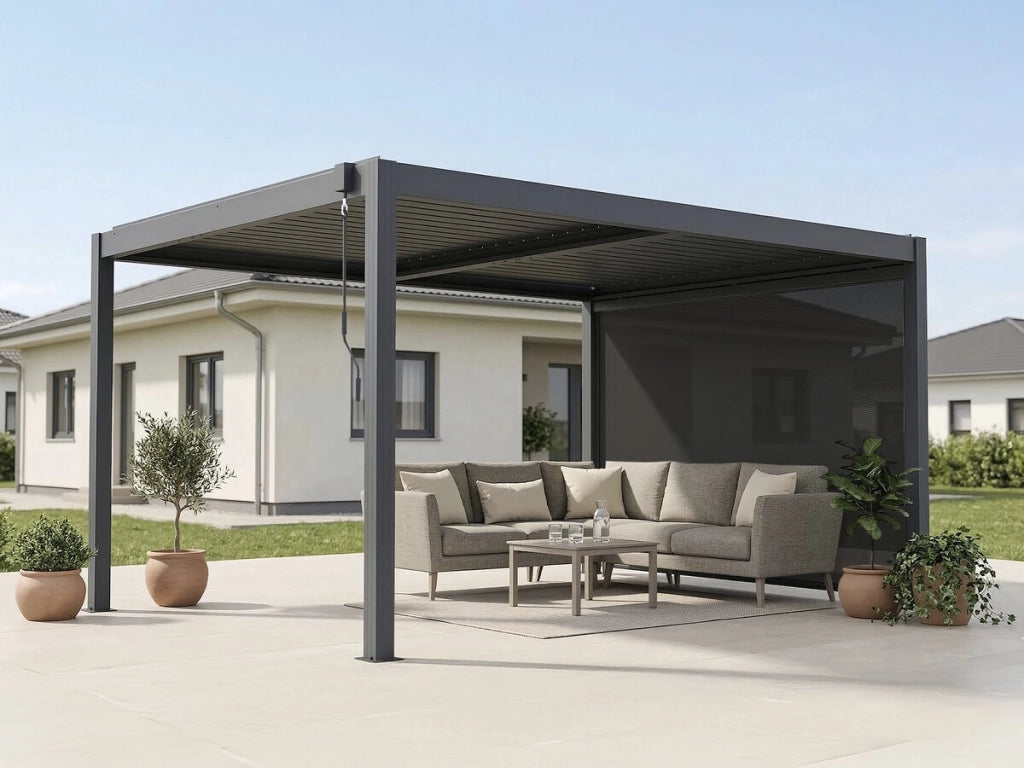 Pergola bioclimatica "Windsor premium" con led e tenda in alluminio - 3 x 4 m - Grigio