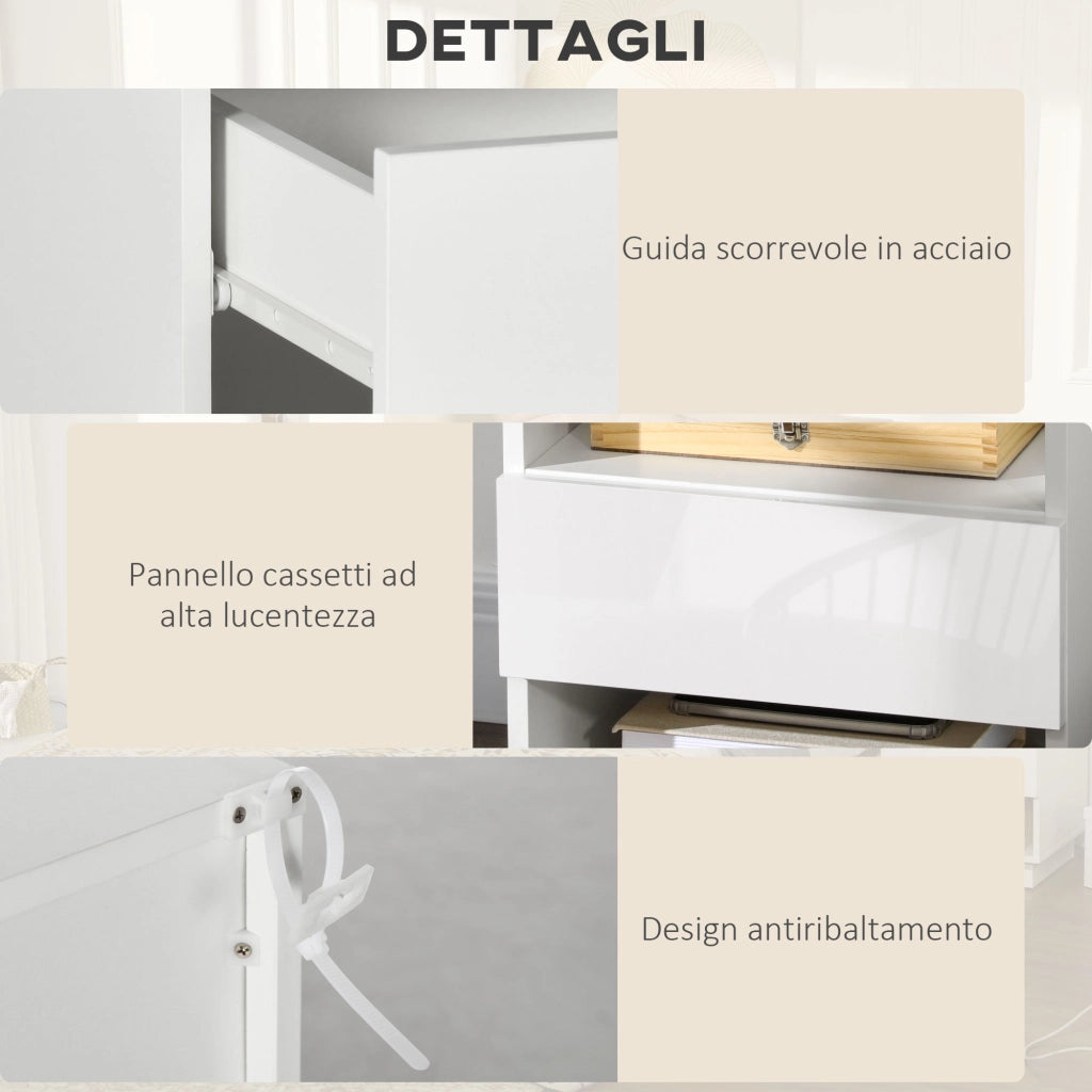 Easycomfort Comodini Moderni con LED, Set 2 Pezzi in Truciolato Bianco con Cassetto e 2 Ripiani Aperti, 40x40x55 cm