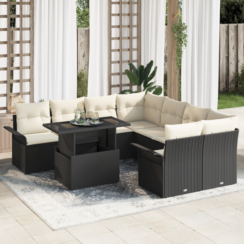 Set giardino 9 pezzi con cuscini - Rattan nero