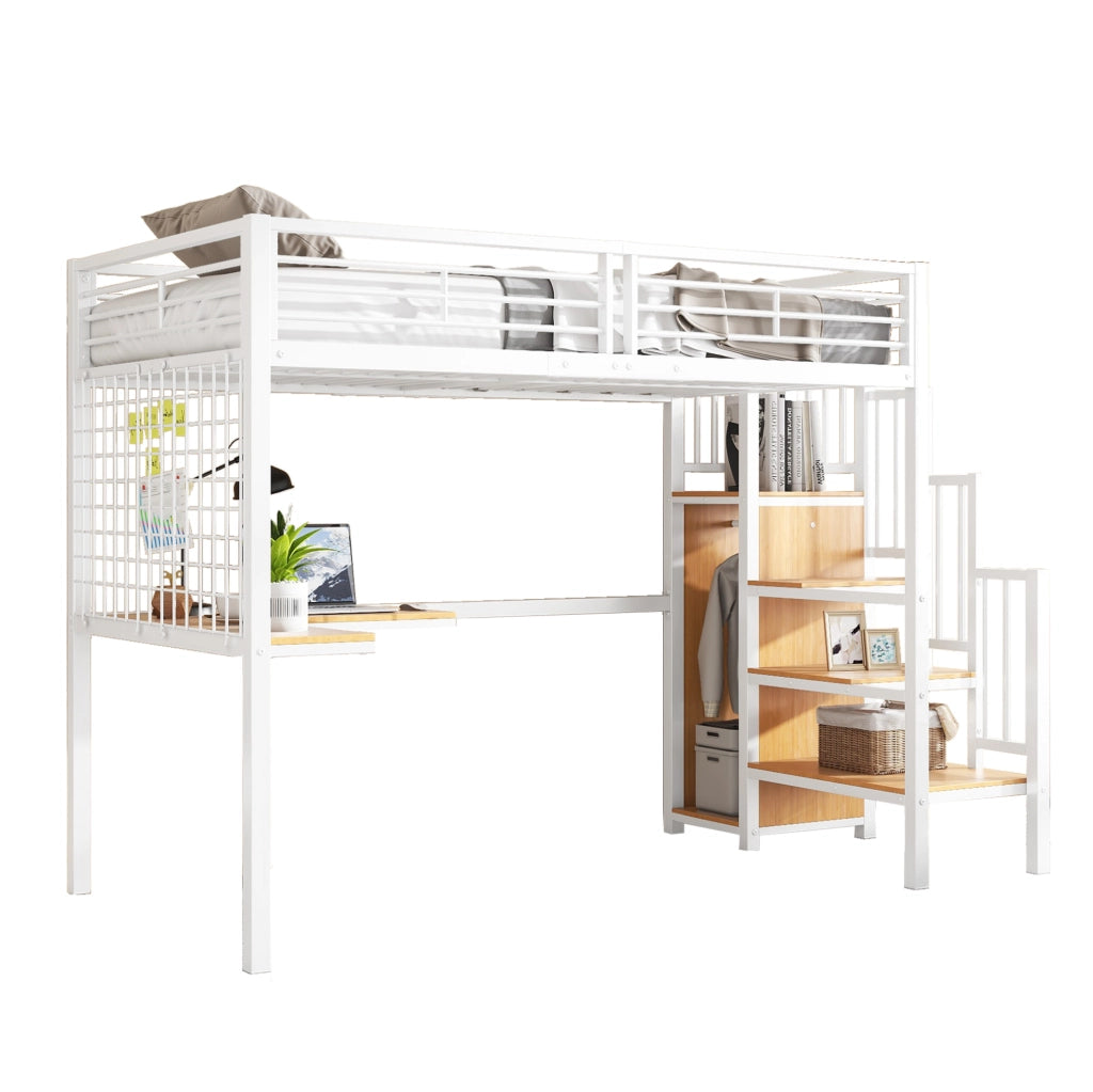 Letto a soppalco 90x200 cm con armadio; scala laterale; MDF e metallo bianco naturale