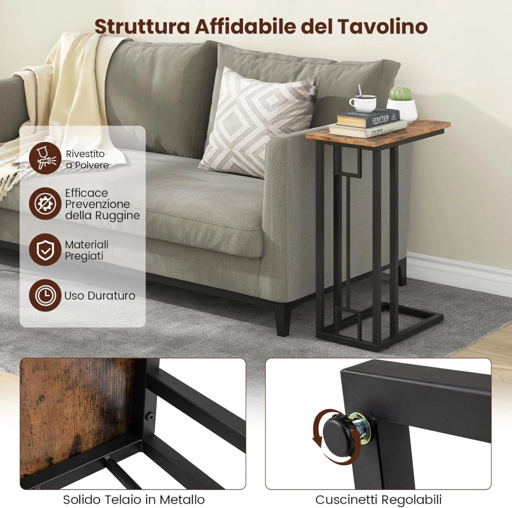 Tavolino Laterale a Forma di C, Tavolino per Divano a Struttura Metallica Pesante con Piedini Regolabili, Tavolino da Salotto, Ufficio e Studio per Spazi Ridotti