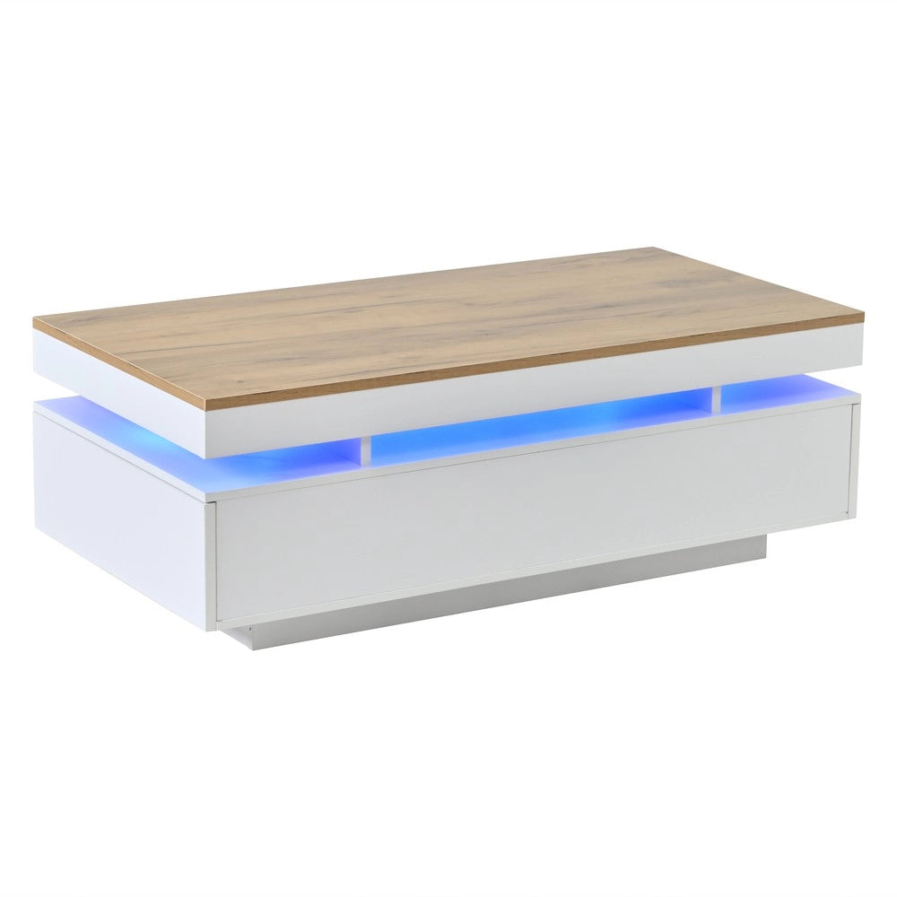 Tavolino da Caff¨¨ con 2 Cassetti e LED ¨C MINIMAL ¨C Bianco/Legno, 100x50x35