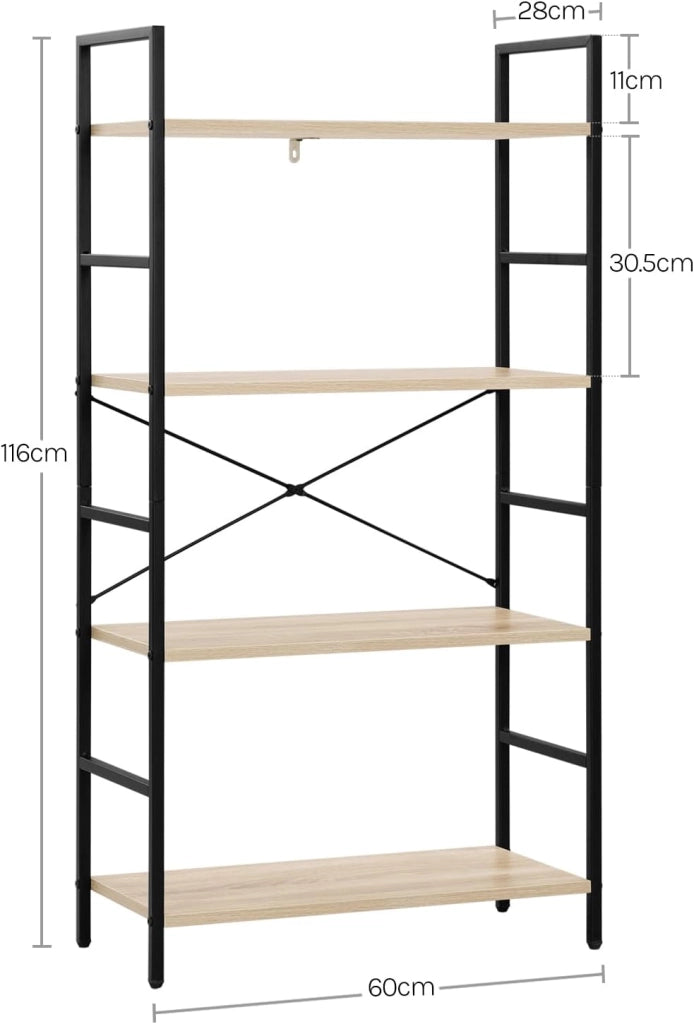 Libreria a 4 Livelli, Scaffale in Piedi con Struttura in Metallo, per Soggiorno, Camera da Letto, Cucina, Ufficio, Studio, Rovere Chiaro + Nero