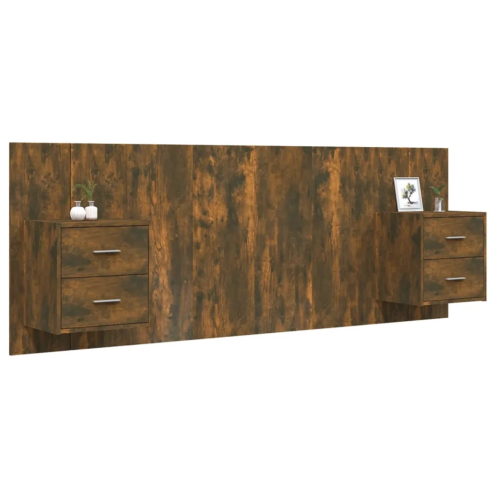 Testiera Letto con Comodini-Testiera con Contenitore in Legno Multistrato Rovere Fumo 734436
