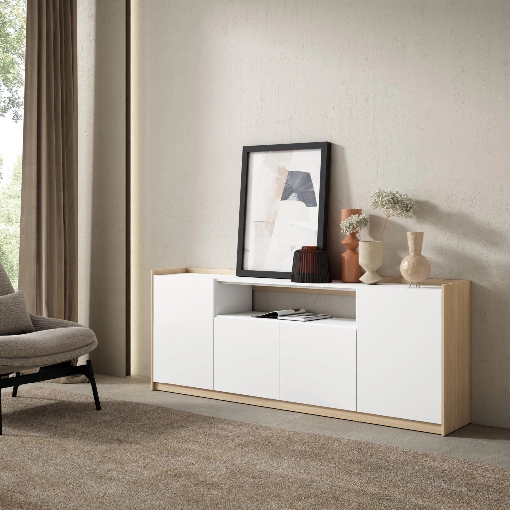 Credenza, Mobile, Cucina, 207x80x37 cm, 4 Porte, grande stoccaggio, Bianco e Rovere soft
