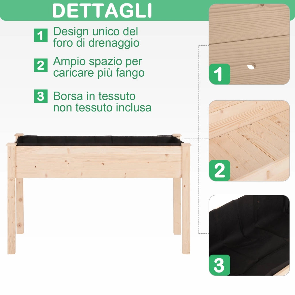 Orto Urbano Pensile in Legno con Fodera in Tessuto 122.5x56.5x76 cm