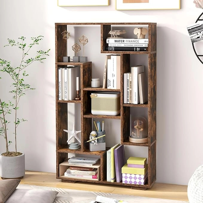 Libreria Geometrica 120 cm, Scaffale per Libri con Ripiani Aperti, Scaffale da Esposizione Moderno con Kit Anti-ribaltamento, Ideale per Casa Ufficio o Soggiorno (Marrone)