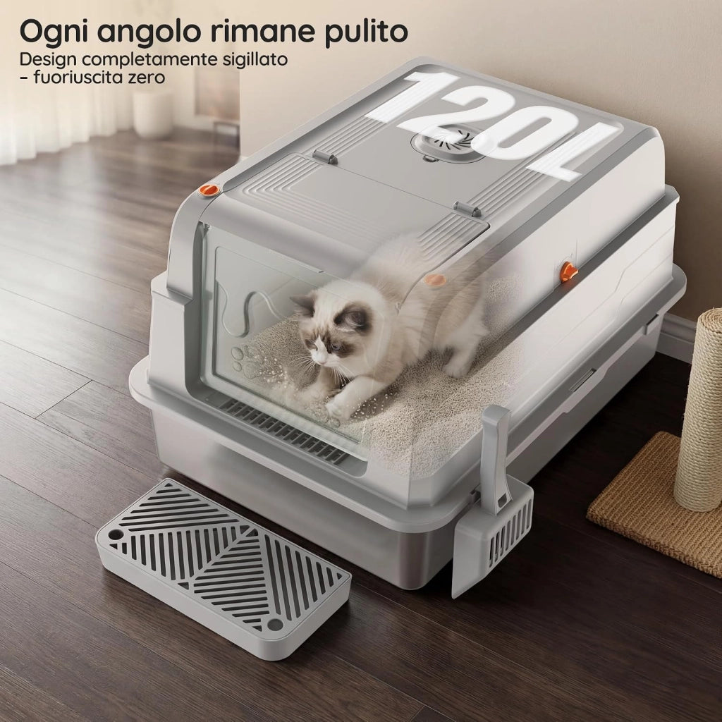 Lettiera Gatto Acciaio Inox, Lettiera Chiusa Acciaio Inox XXXL, Toilette Per Gatti 3 In 1, Con Set Deodorante E Paletta, Per Gatti Fino A 20 Kg，Grigio Chiaro