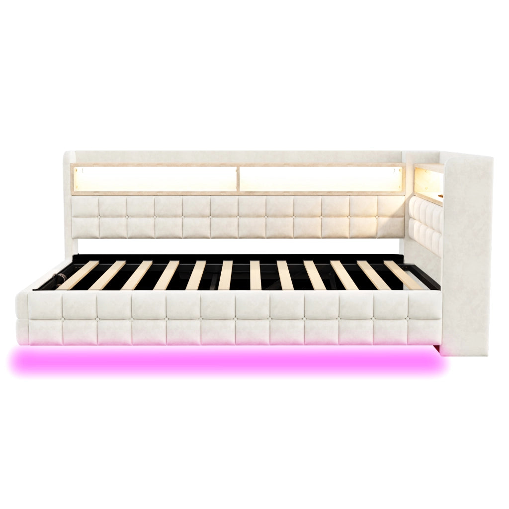 Letto singolo imbottito 90×200 cm con contenitore; LED; prese USB e Type-C; ripiani; senza materasso; beige