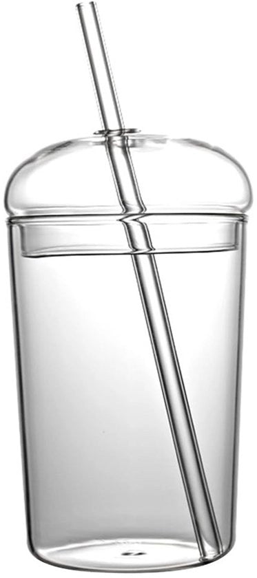 Tazza per Boba - Bevande in Vetro - Riciclabile con Coperchio - Translucida - Adatta per Caffè Freddo/Succo - Dimensioni 14,5 x 7,2 cm