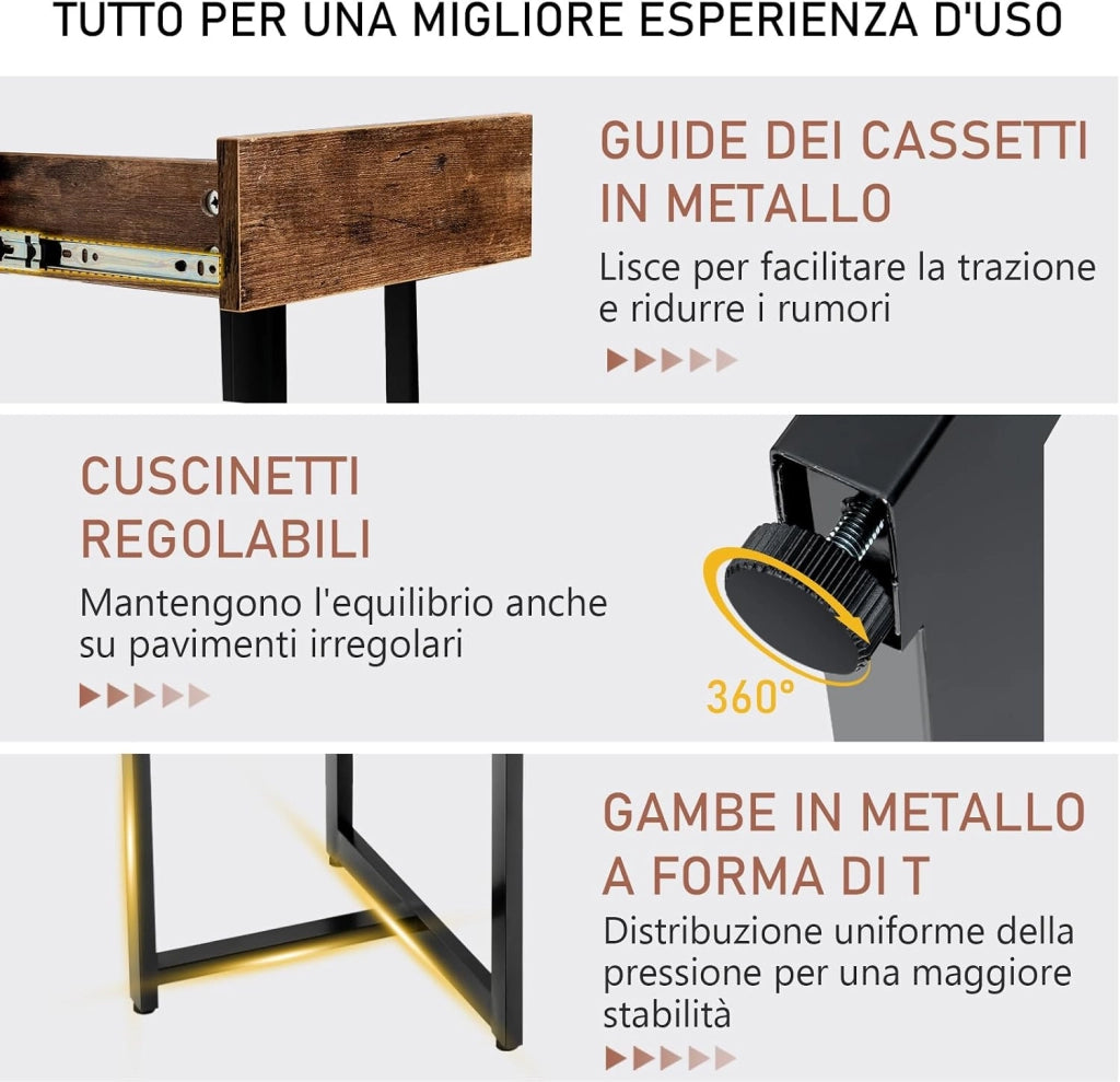 Scrivania per Computer con Cassetto, Scrivania per Ufficio con Struttura in Metallo, Ampio Piano 120 x 55 cm e Piedini Regolabili, 120 x 55 x 75 cm (Marrone Rustico)