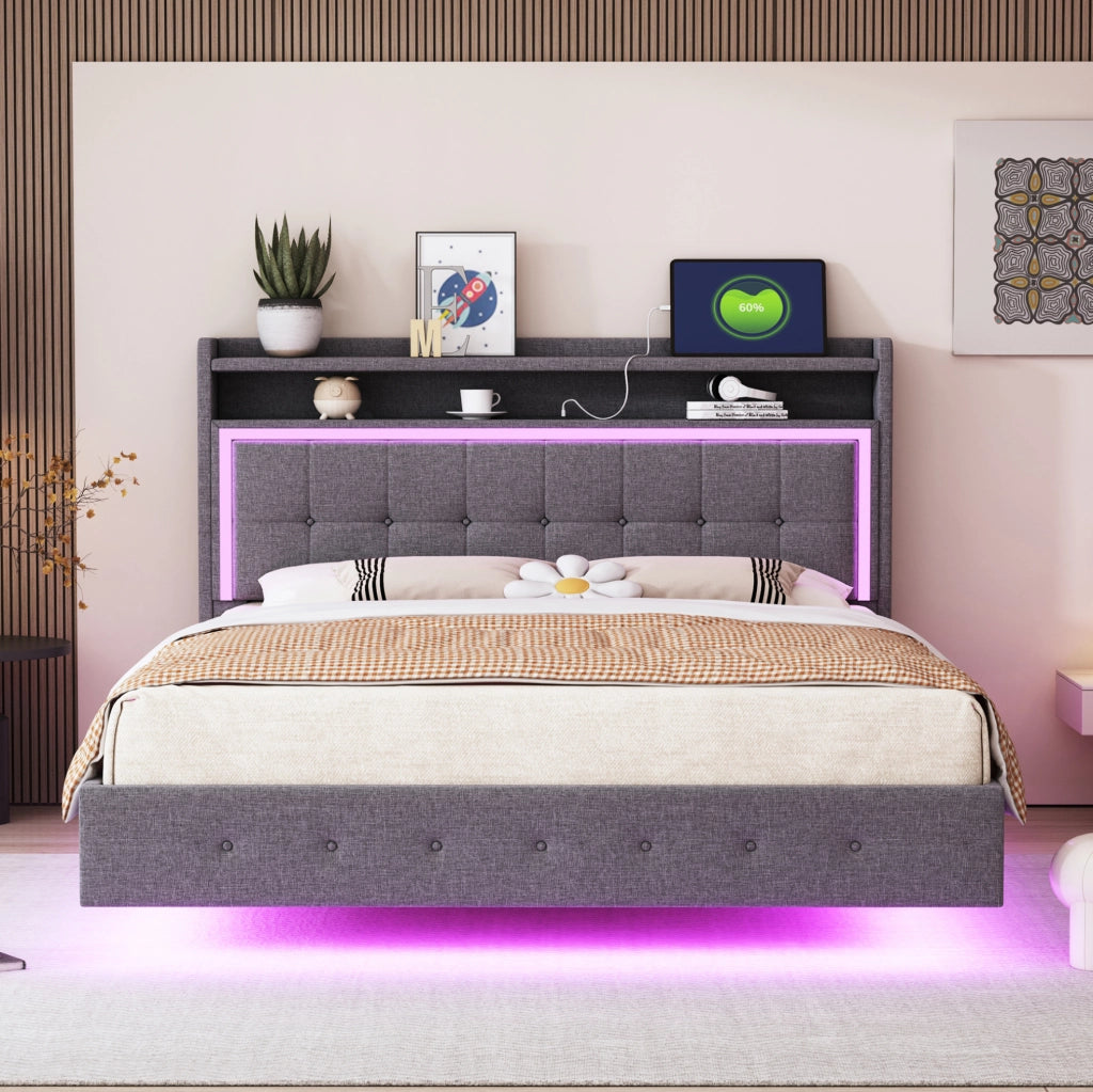 Letto imbottito matrimoniale 140x200 cm con USB e LED; grigio in tessuto effetto lino