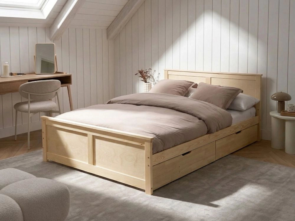 Letto con 4 cassetti in legno di pino naturale e MDF di betulla 140 x 200 cm con testiera in stile scandinavo